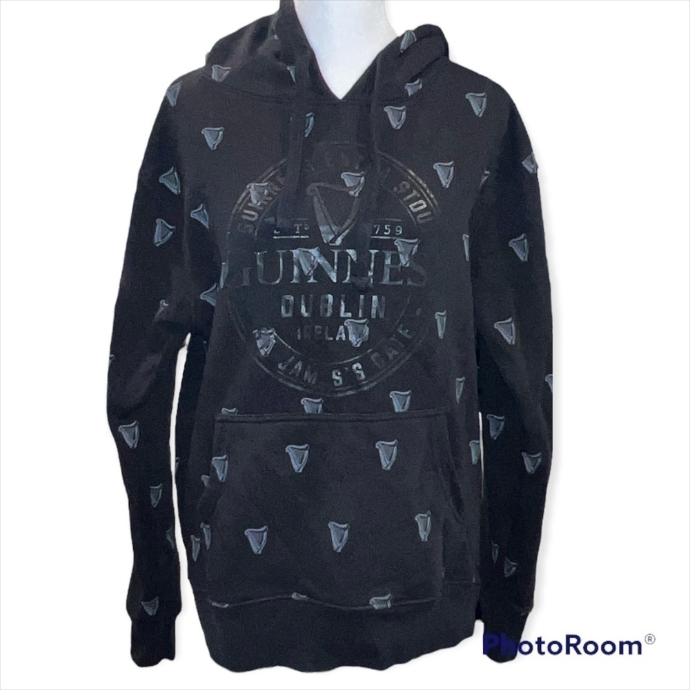 Guinness Dublin Ireland Hoodie Mens Medium Black All Over Harp Logo
